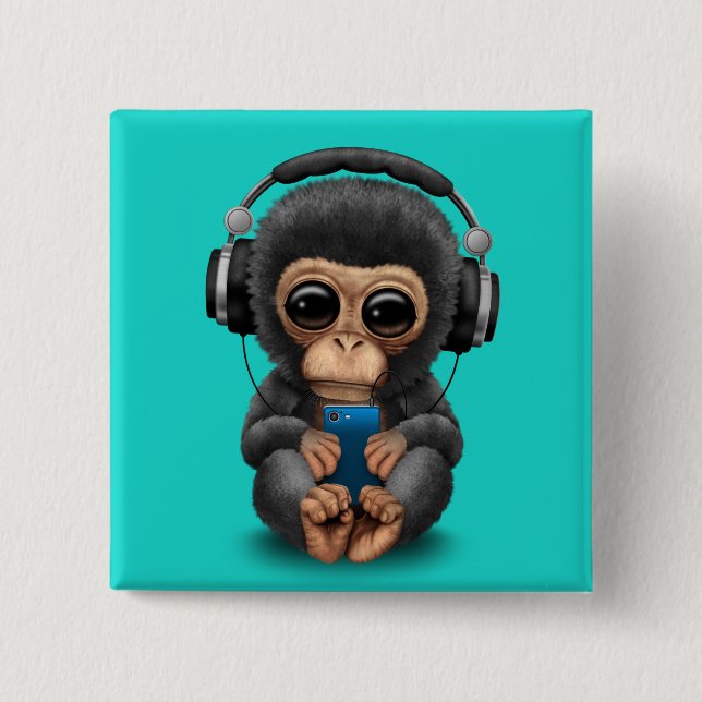 Baby-Schimpanse mit Kopfhörern und Handy Button (Vorderseite)