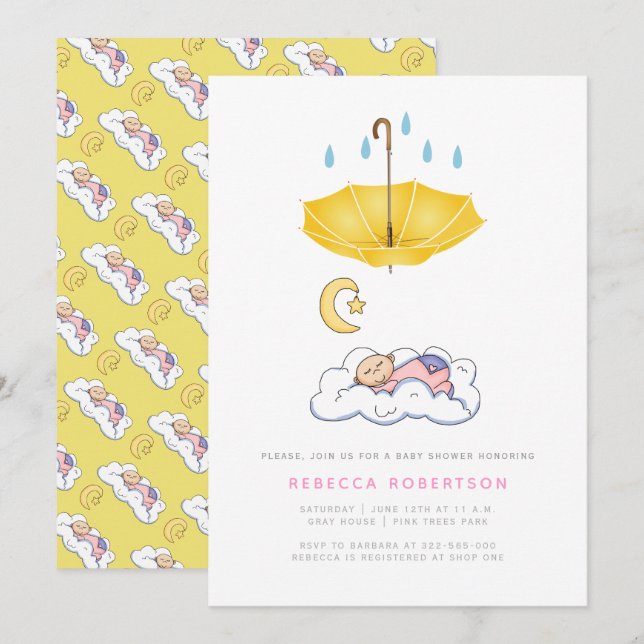 Baby schlafend Mädchen Dusche gelb Regenschirm Einladung (Vorne/Hinten)