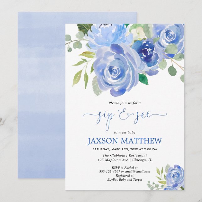 Baby-Schlückchen und sehen blaue BlumenAquarelle Einladung (Vorne/Hinten)