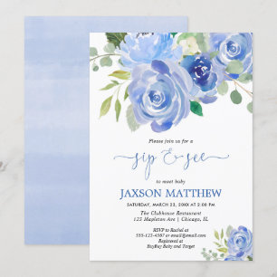 Baby-Schlückchen und sehen blaue BlumenAquarelle Einladung