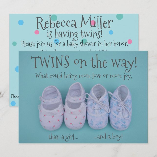 Baby Schuhe Junge und Mädchen Zwillinge Baby Dusch Einladung (Vorne/Hinten)