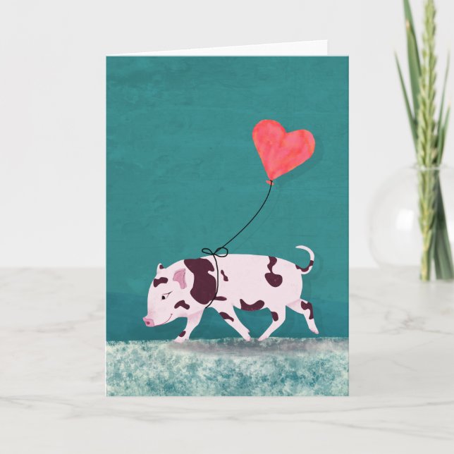 Baby-Schwein mit Herz-Ballon Karte (Vorderseite)