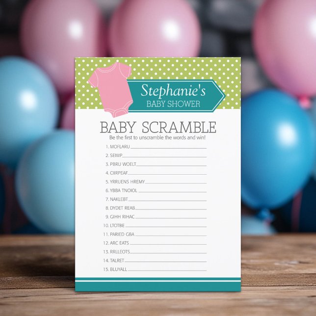 Baby Scramble Shower Game - Pink Girl Polka Dots (Custom Shower Game)