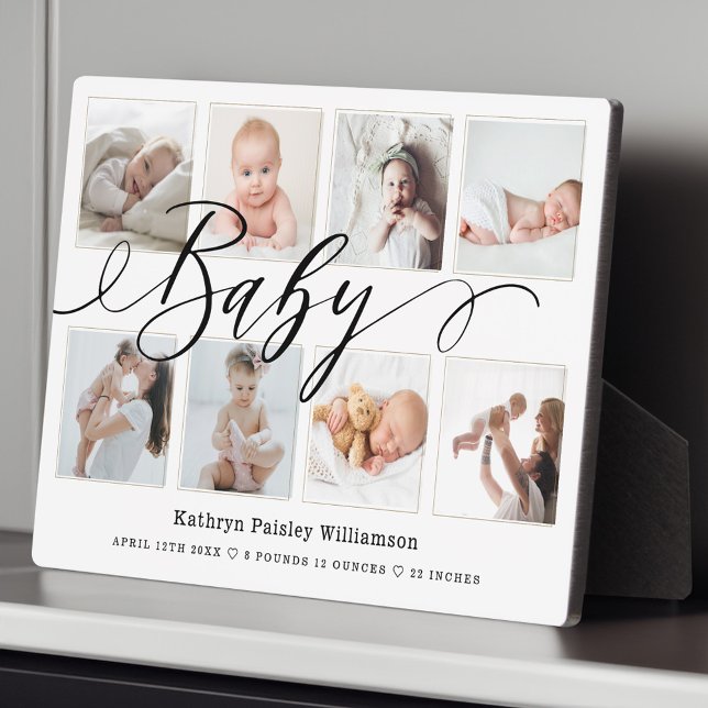 Baby Script Foto Collage Keepake & Birth Stats Fotoplatte (Baby Script Photo Collage Keepsake & Birth Stats Plaque)