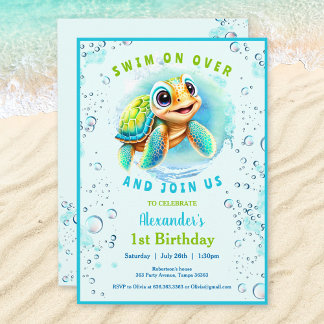 Baby Sea Turtle Boy Custom Age Erster Geburtstag Einladung