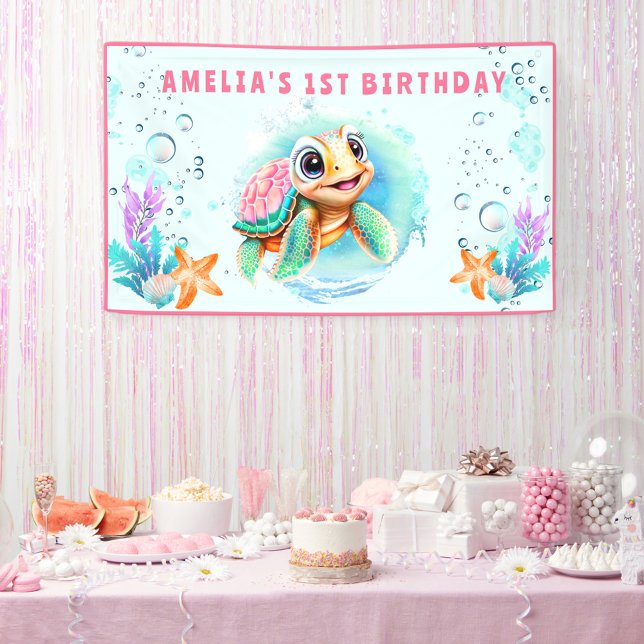 Baby Sea Turtle Girl 1. Geburtstag Party Banner (sea turtle cute colorful summer birthday party banner for girl's 1st birthday)
