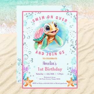 Baby Sea Turtle Girl Custom Age Erster Geburtstag Einladung