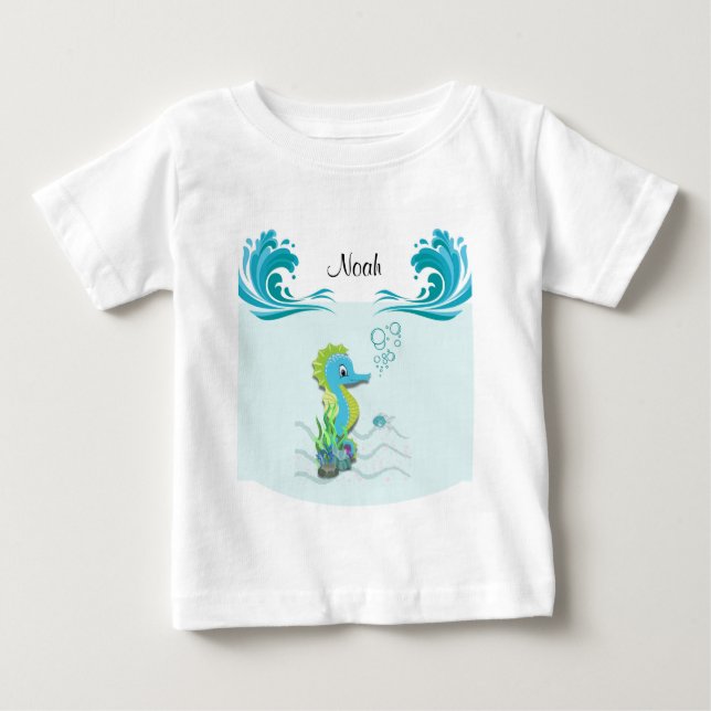 Baby Seepferd | Blue Personalisiert Baby T - Shirt (Vorderseite)