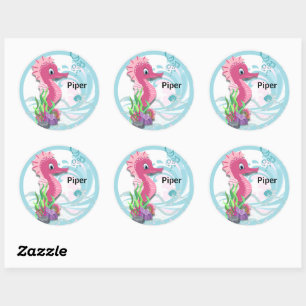 Baby Seepferd   Rosa Personalisierte Rundkleber Runder Aufkleber