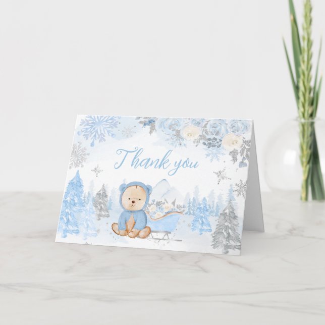 Baby seine kalte Außendusche Blue Bear Baby Dankeskarte (Vorderseite)