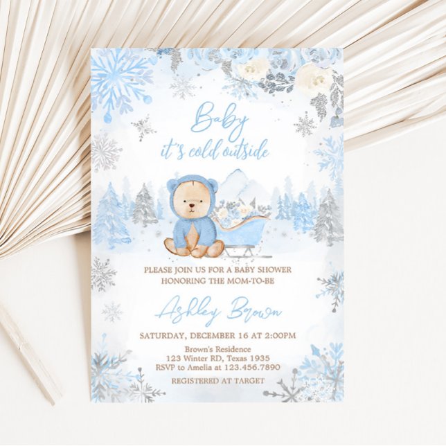 Baby seine kalte Außendusche Blue Bear Baby Einladung (Blue Winter Bear Baby Shower Invitation )
