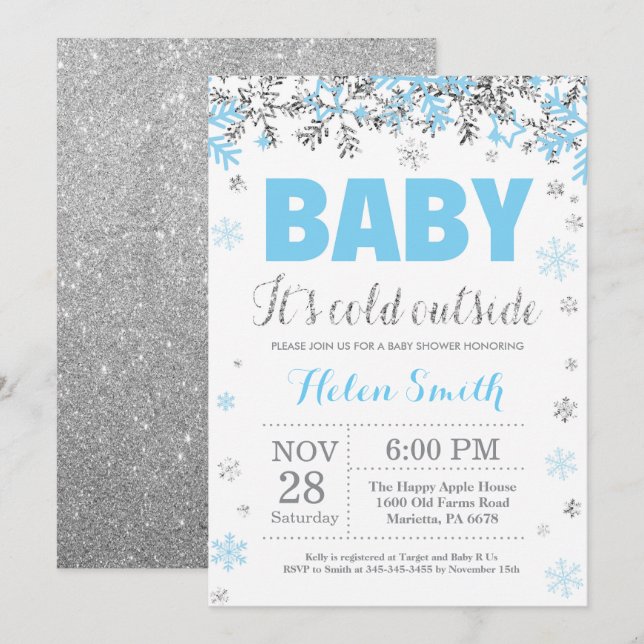 Baby seine kalte Außendusche Blue Silver Boy Baby Einladung (Vorne/Hinten)