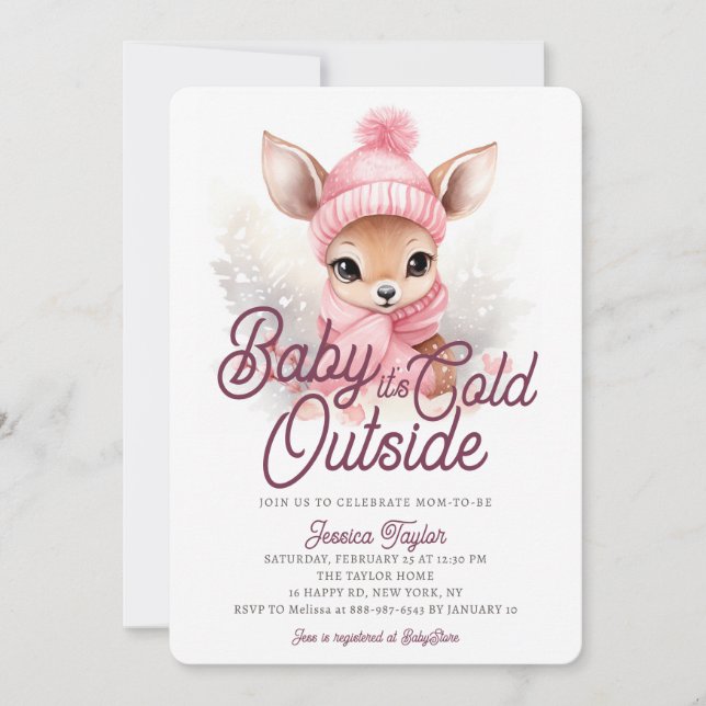 Baby seine kalte Außendusche Deer Pink Winter Baby Einladung (Vorderseite)