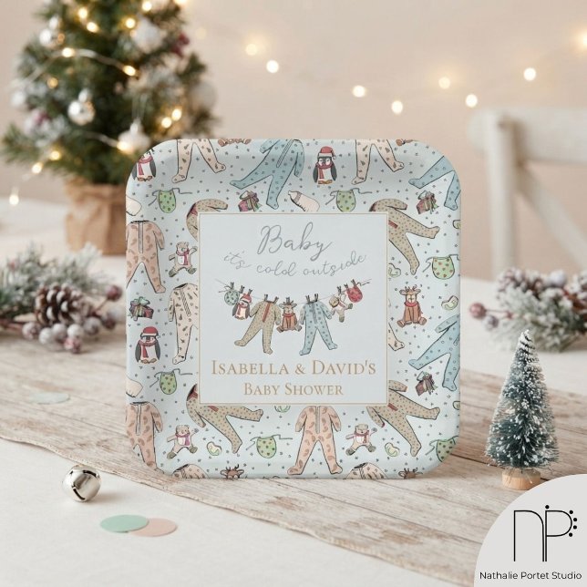 Baby seine kalte Außendusche Pappteller (These winter baby shower paper plates feature hand-drawn illustrations for festive party styling.)