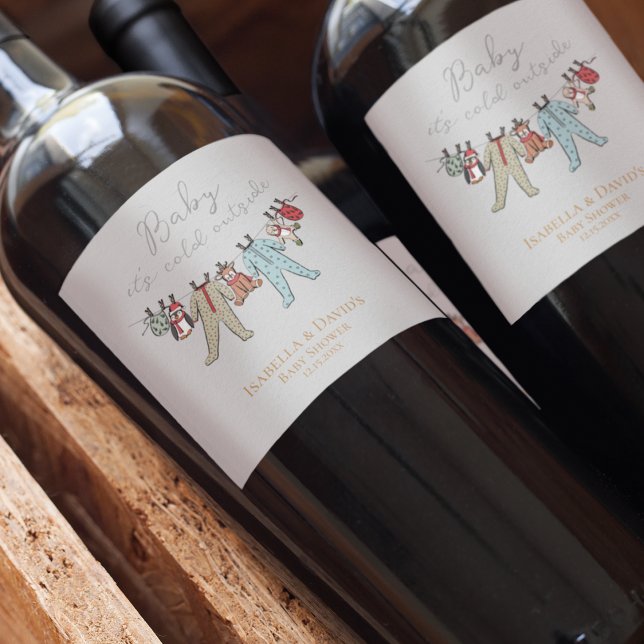 Baby seine kalte Außendusche Weinetikett (Elegant & Cute Winter Baby Shower "Baby it's Cold Outside" Wine Labels. Customize with Name & Date.)