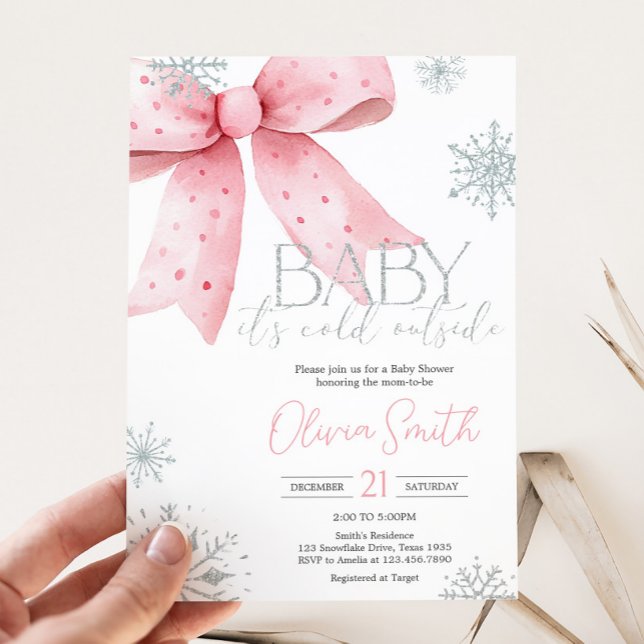 Baby seine kalte Outdoor Pink Bow Babydusche Einladung (Winter Pink Bow Baby Shower Invitation
)