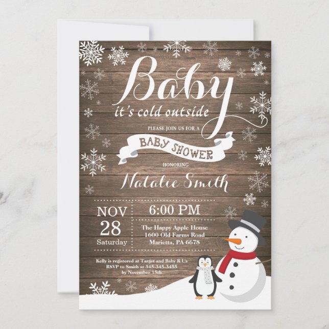Baby seine kalte Outdoor Rustikale Winter Baby Dus Einladung (Vorderseite)