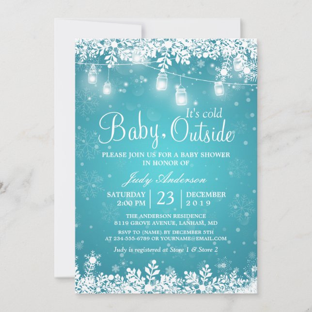 Baby seine kalte Outdoor Turquoise Winter Baby Dus Einladung (Vorderseite)
