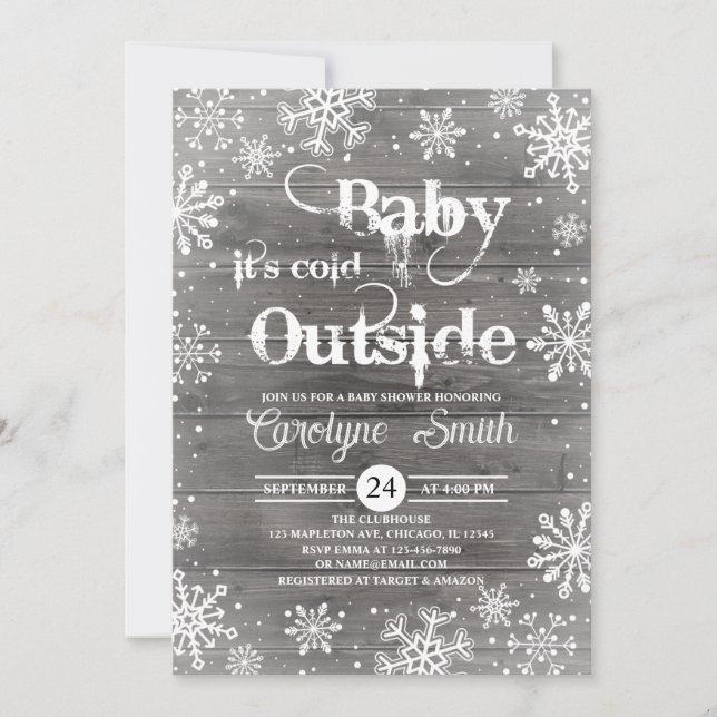 Baby seine kalte Outdoor Winter Rustikale Babydusc Einladung (Vorderseite)