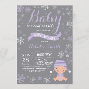 Baby seine kalter äußerer Winter-lila Baby-Dusche Einladung