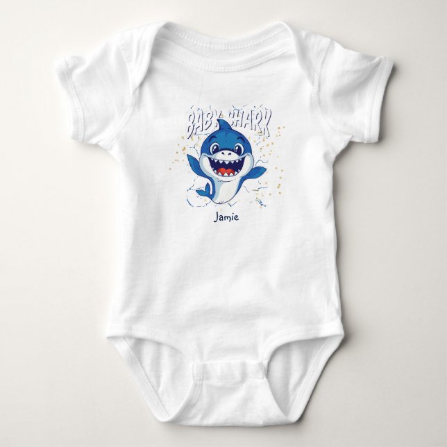 Baby Shark Blue White Niedlich Funny Baby Dusche Baby Strampler (Vorderseite)