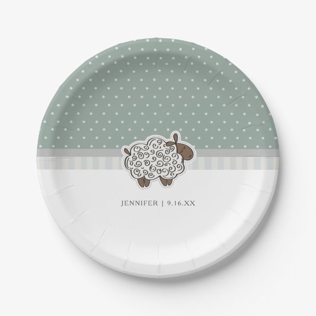 Baby Sheep Green Polka Dot Baby Dusche Pappteller (Vorderseite)