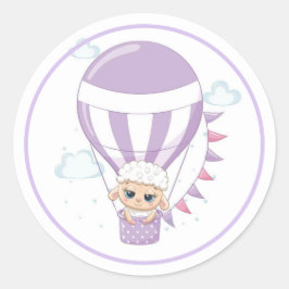 Baby Sheep in einem Lila Heißluftballon Runder Aufkleber