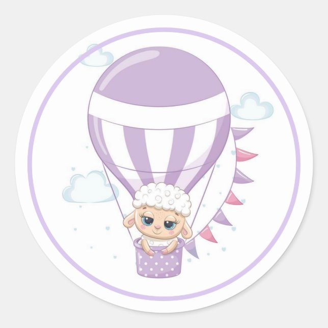 Baby Sheep in einem Lila Heißluftballon Runder Aufkleber (Vorderseite)
