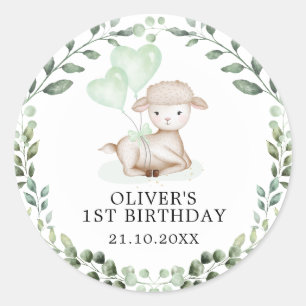Baby Sheep Lamb Greenerity Wreath Neutral Geburtst Runder Aufkleber