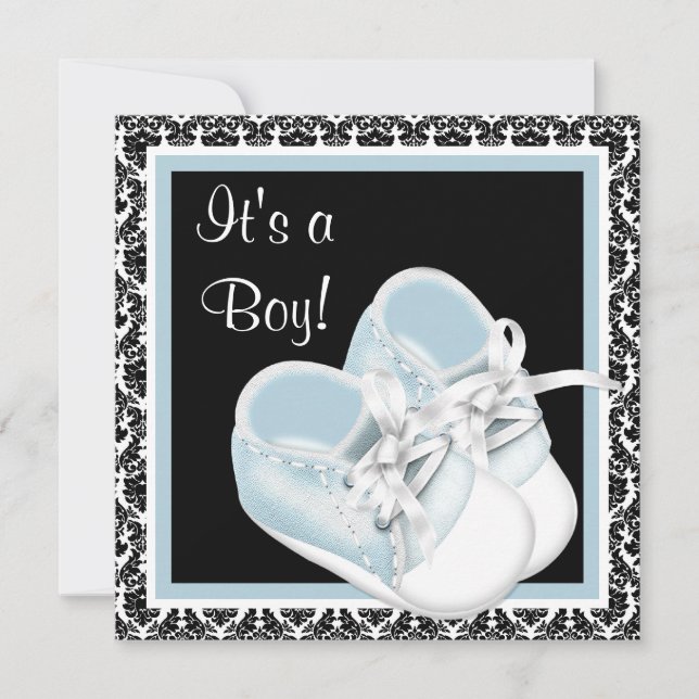 Baby Shoes Black and Blue Damask Baby Boy Dusche Einladung (Vorderseite)