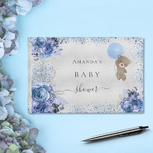 Baby Showboy Blue Teddy Bär Glitzer Blume Gästebuch