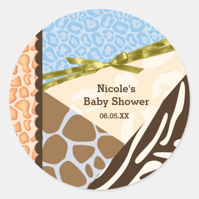Baby Showboys Blue Safari Print Themed Party Runder Aufkleber (Vorderseite)
