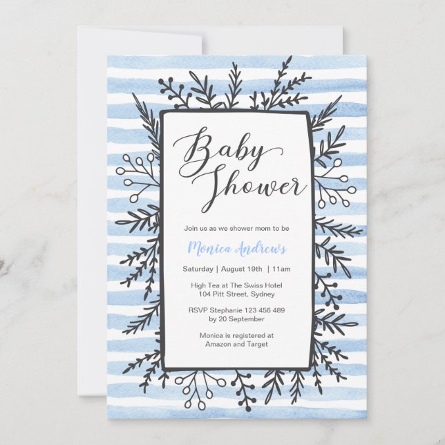 Baby Showeinladung | Blaue Streifen und Blumen Einladung (Vorderseite)