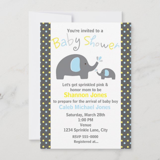Baby shower 2 Eléphants Blue Polka Dot Invitation (Devant)