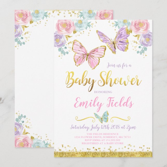 Baby shower à papillon Invitation Baby shower fill (Devant / Derrière)