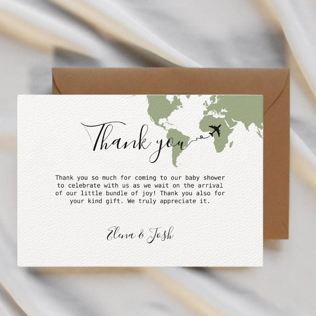 Baby shower à thème Voyage Carte du monde Sage Gre (travel themed baby shower thank you cards sage green)