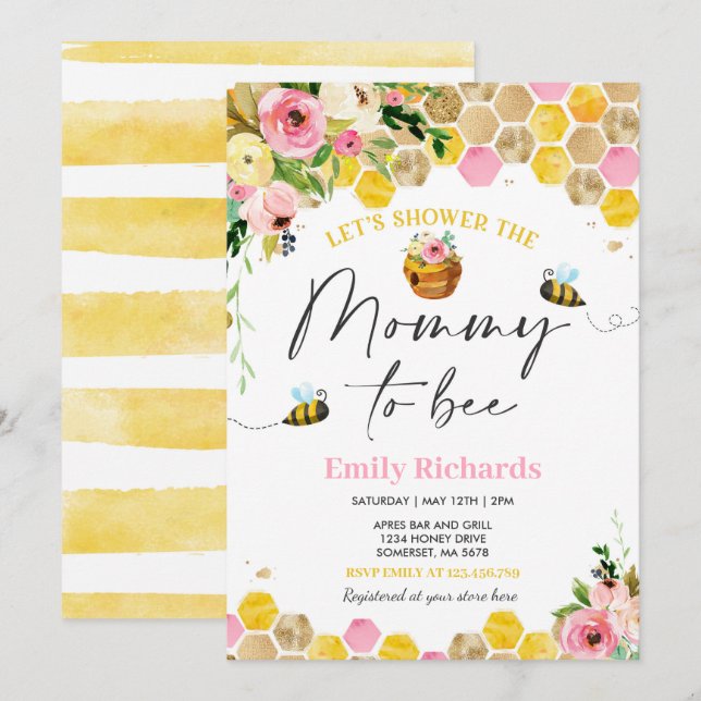 Baby shower Abeille Invitation Florale Maman À Êtr (Devant / Derrière)