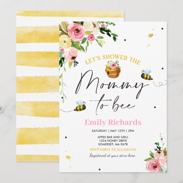 Baby shower Abeille Invitation Florale Maman À Êtr (Devant / Derrière)
