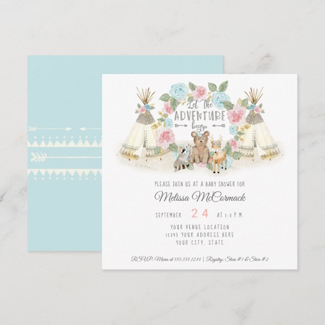 Baby Shower Adventure beginnt Teepee Bear Deer Blu Einladung (Vorne/Hinten)