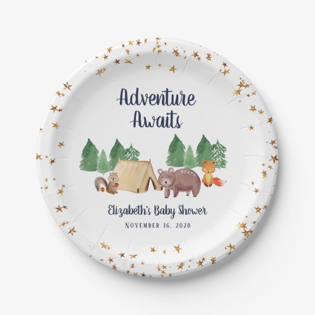 Baby Shower Adventure erwartet Woodland Animals Pappteller (Vorderseite)