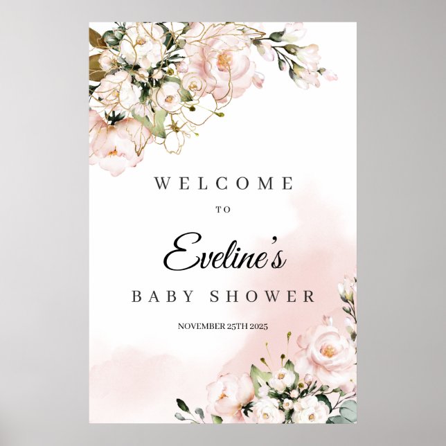Baby shower affiche de bienvenue boho or rose (Devant)
