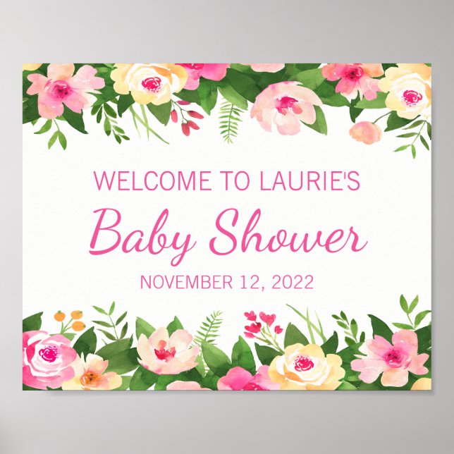 Baby shower Affiche de bienvenue rose et vert Flor (Devant)