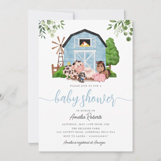 Baby shower agricole, Blue Barn Invitation (Devant)
