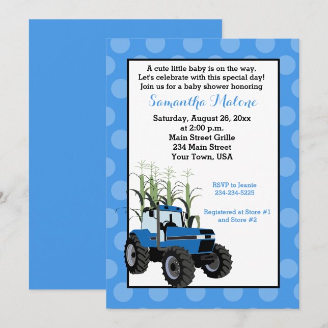 Baby shower agricole Blue Tractor Invitation (Devant / Derrière)