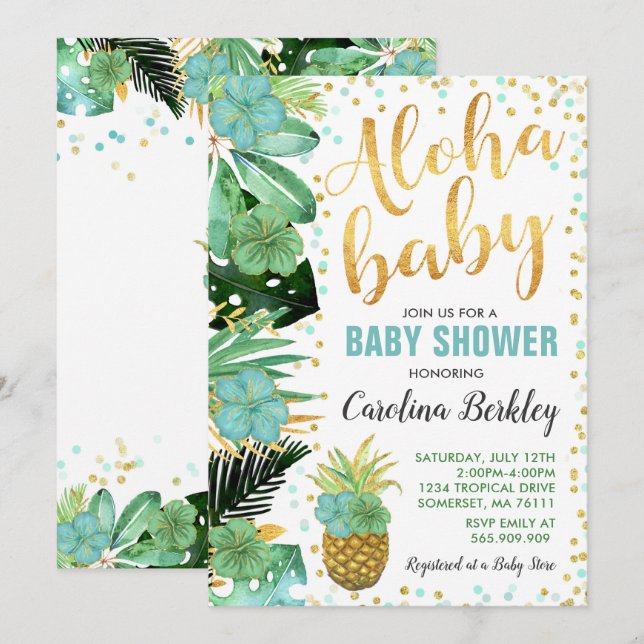 Baby shower Aloha Invitation Baby shower tropical (Devant / Derrière)