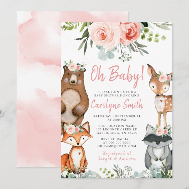 Baby shower animal forestier Invitation verdure (Devant / Derrière)