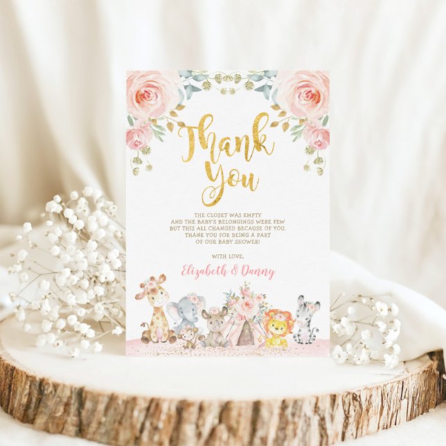 Baby shower animalier rose Safari Carte de remerci (Créateur téléchargé)