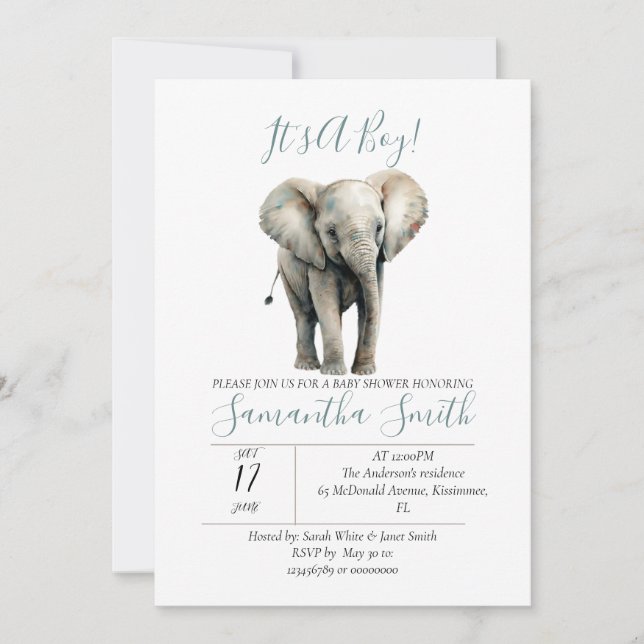 Baby shower aquarelle Invitation d'éléphant (Devant)