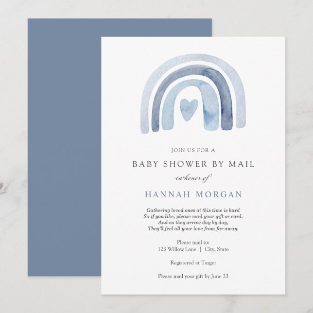 Baby shower arc-en-ciel bleu par invitation par co (Devant / Derrière)