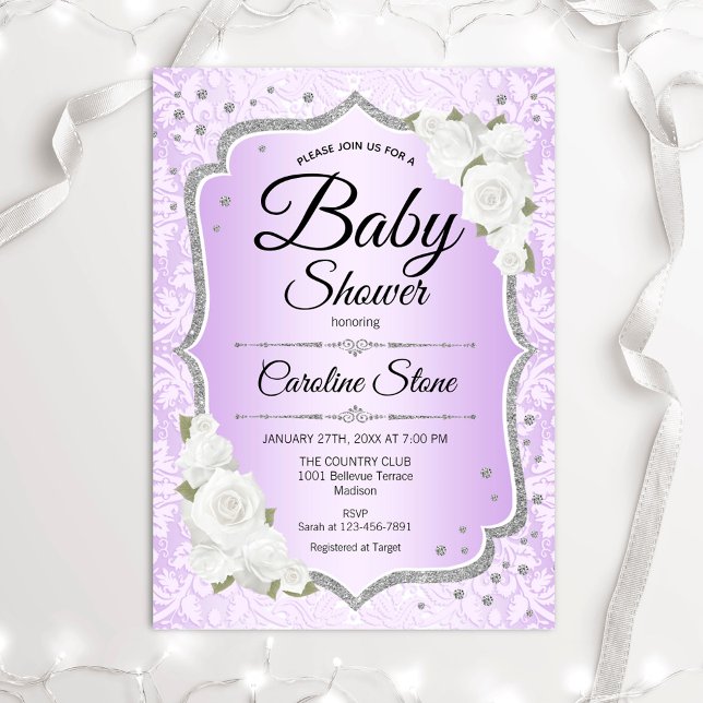 Baby shower - Argent blanc violet Invitation (Créateur téléchargé)